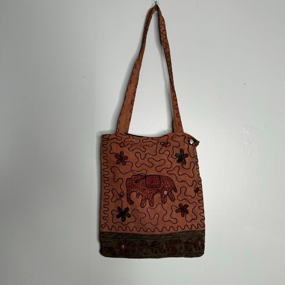 Brandless‎ Women's Medium Boho Chic Embroidered Elephant 2 Strap Shoulder Bag